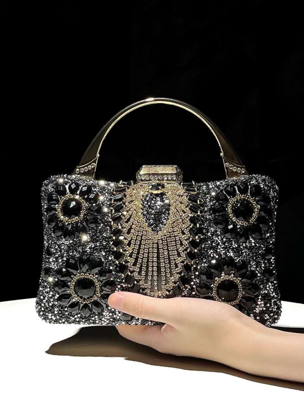 Embellished Black Crystal Top-Handle Evening Bag